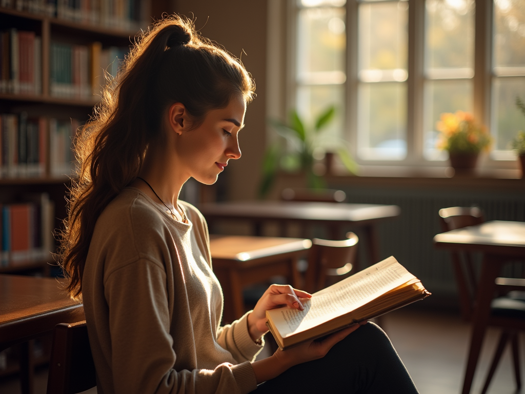 Женщина читает книгу в солнечной библиотеке, свет сквозь окно освещает её и уютное помещение.