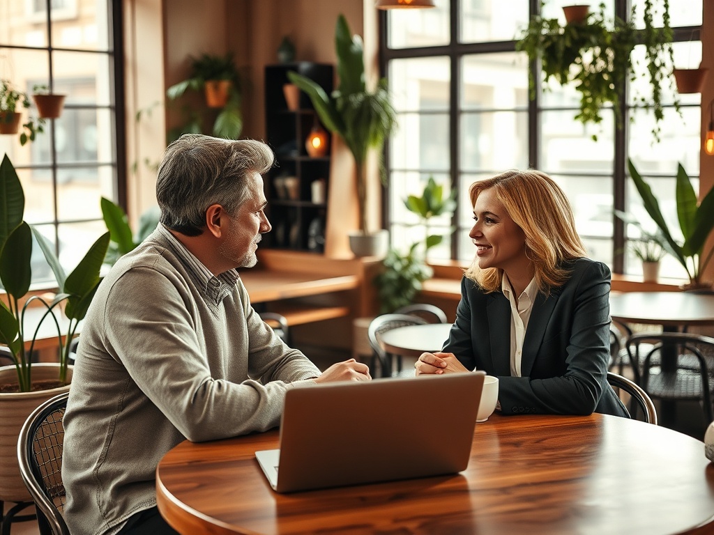 Два человека беседуют за столом в уютном кафе, вокруг зелёные растения и окна с видом на улицу.