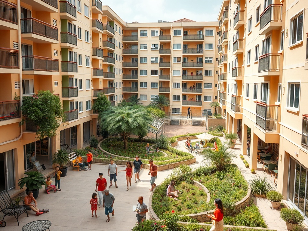На изображении видна уютная внутренняя территория жилого комплекса с растениями и людьми, наслаждающимися временем.