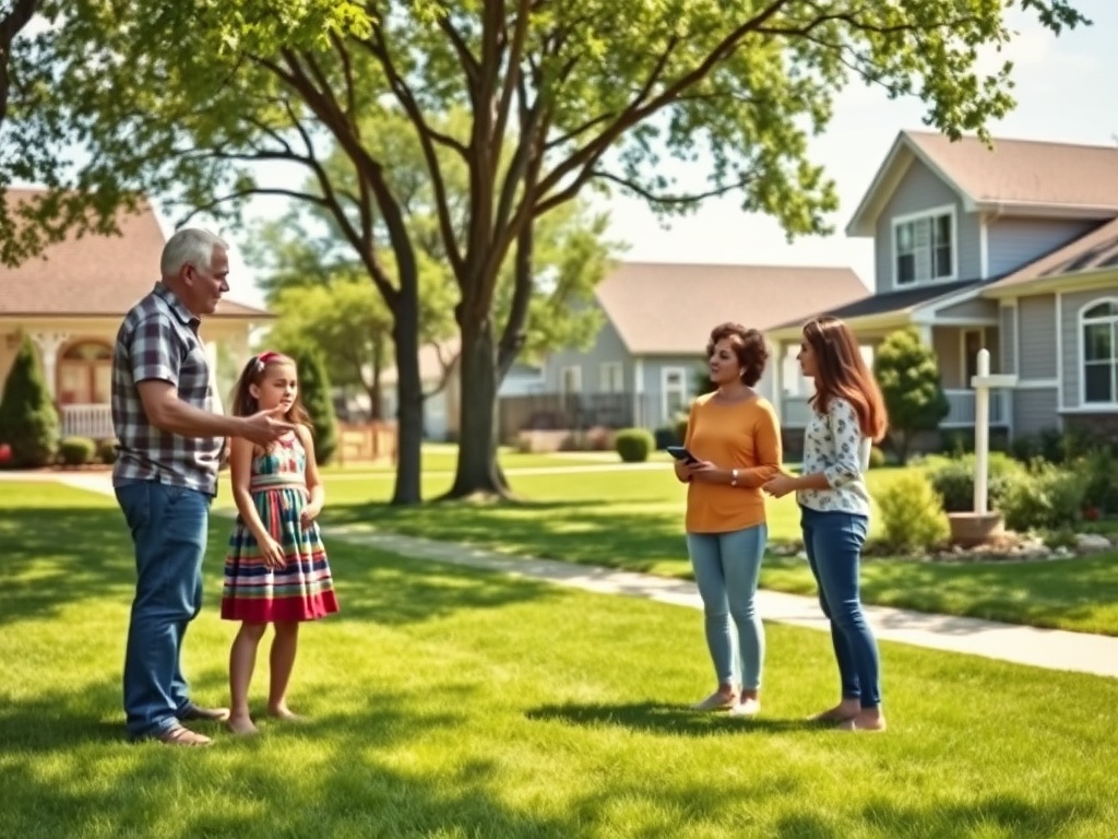 На картинке четверо людей разговаривают на газоне рядом с домами, наслаждаясь солнечным днем.