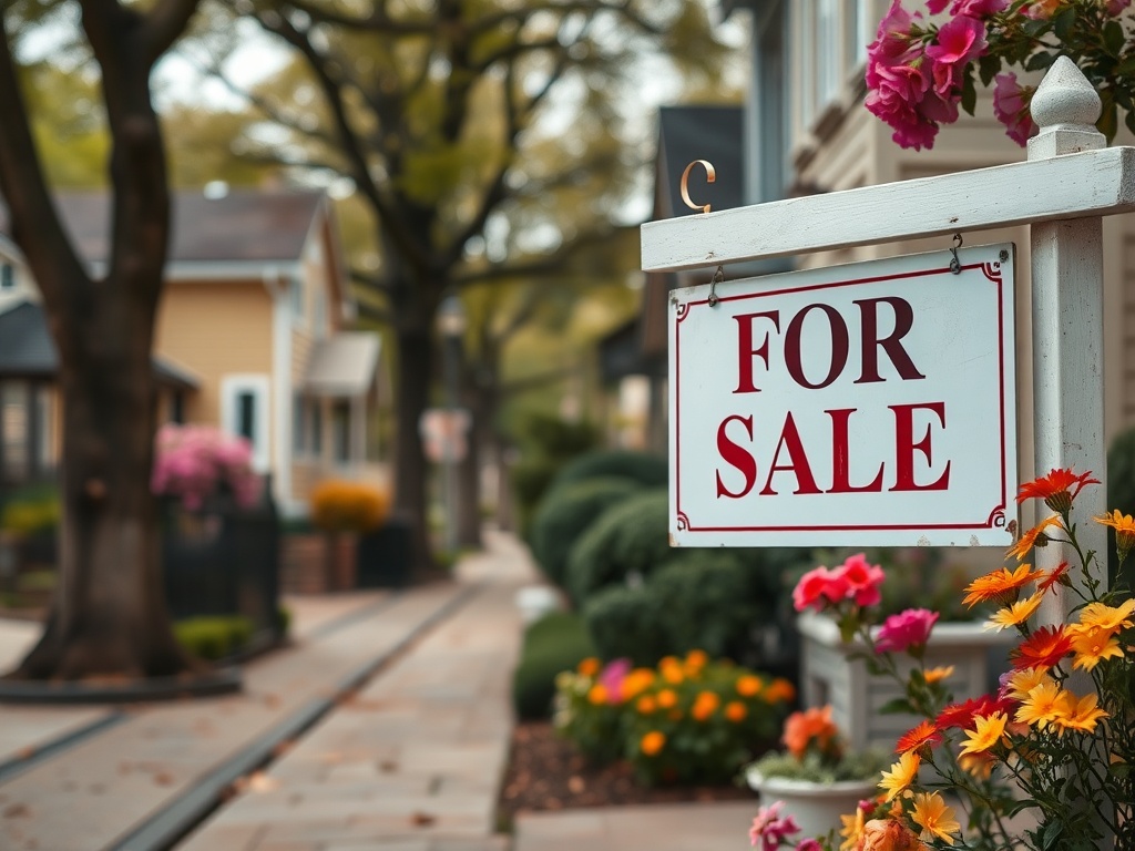 Знак "Продается" на фоне цветущих кустов и домов вдоль дороги. Природный и уютный пейзаж.