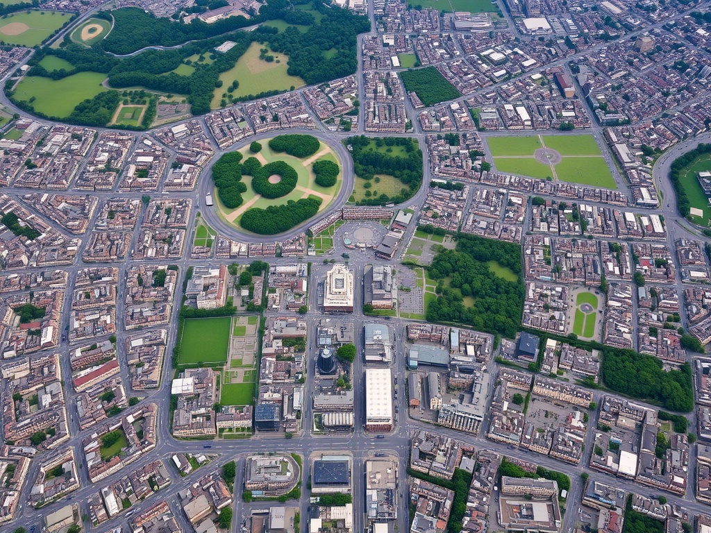 Аэроснимок города с уникальным планом, парками и зелеными насаждениями между жилыми районами.
