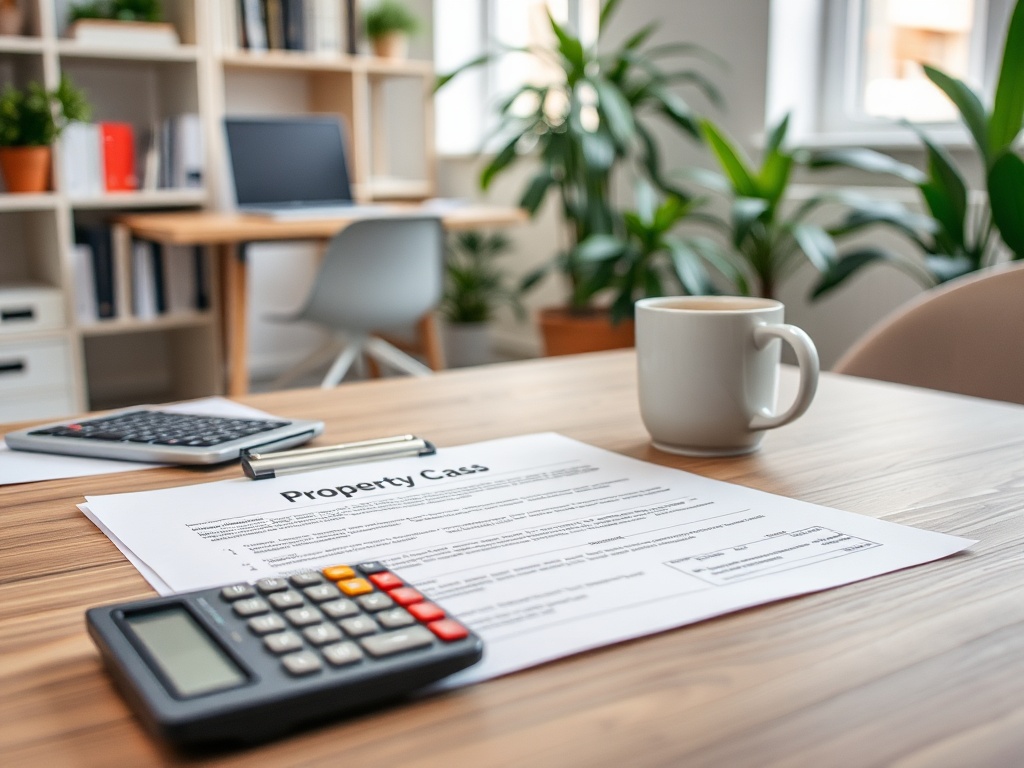 На столе документы по недвижимости, калькулятор и чашка кофе, на фоне растений и рабочего места.