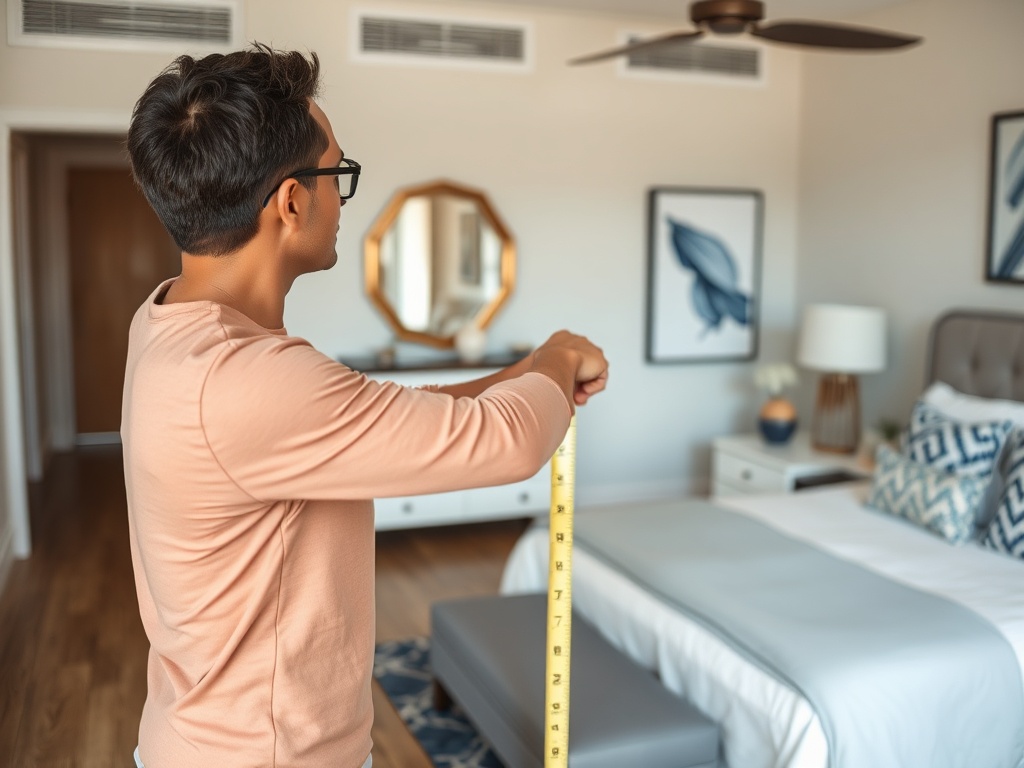 Мужчина снимает размеры в современно оформленной спальне с покрывалами и декором.