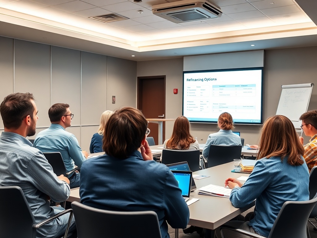 Участники собрания внимательно слушают презентацию на экране в современном конференц-зале.