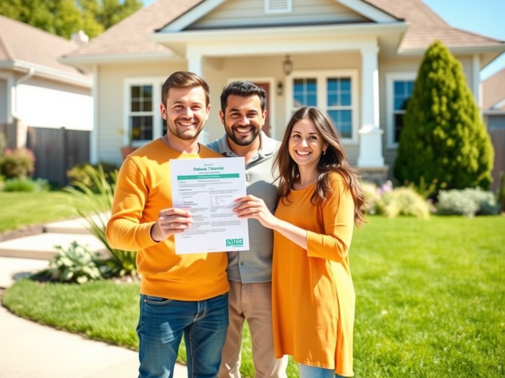 Счастливая семья стоит перед домом, держит документы и улыбается на солнечном дворе.