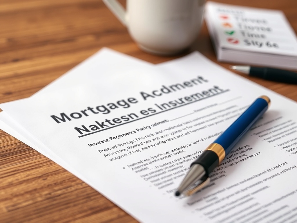 Документы по ипотеке и страхованию на деревянном столе с ручкой и чашкой.