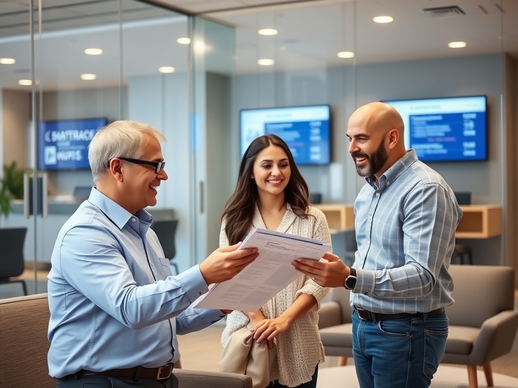 Трое человек обсуждают документы в офисе, рядом видно электронное табло и современная обстановка.